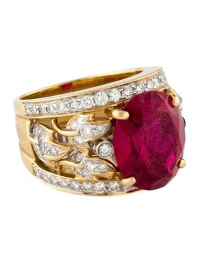 Pre-owned Ring 18k 9.00ct Synthetic Ruby & Diamond Cocktail  In Multi