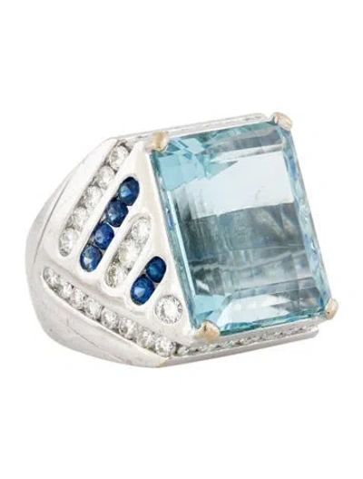 Pre-owned Ring 18k Aquamarine, Sapphire & Diamond Cocktail  In Multi