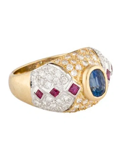 Pre-owned Ring 18k Blue Sapphire, Ruby & Diamond Cocktail  In Multi