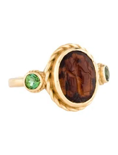Pre-owned Ring 18k Carnelian And Tourmaline Signet  In Multi