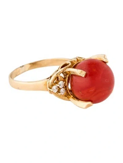 Pre-owned Ring 18k Coral & Diamond Cocktail  In Multi