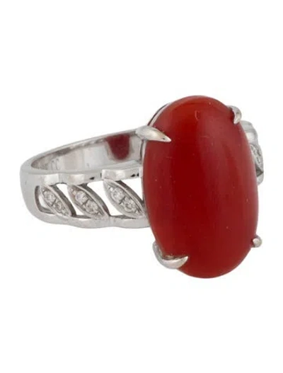 Pre-owned Ring 18k Coral & Diamond Cocktail  In Multicolor