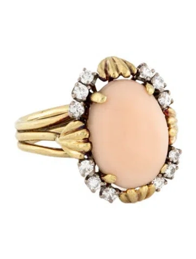 Pre-owned Ring 18k Coral & Diamond Cocktail  In Pink