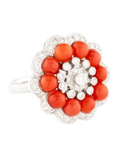 Pre-owned Ring 18k Coral & Diamond Cocktail  In Red