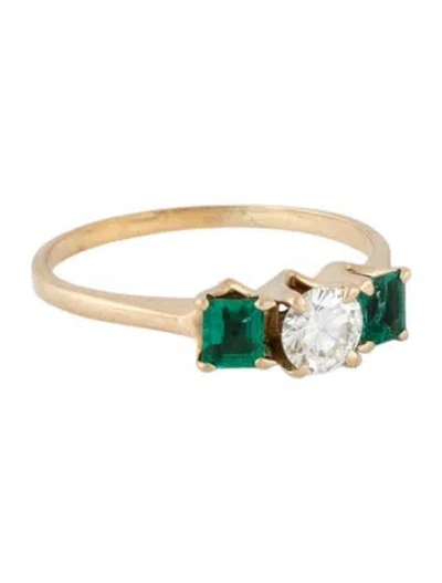 Pre-owned Ring 18k Diamond & Emerald Three Stone Engagement  In Multicolor