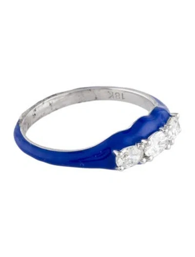 Pre-owned Ring 18k Diamond & Enamel Three Stone Band In Blue
