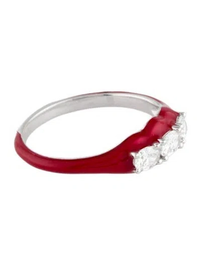 Pre-owned Ring 18k Diamond & Enamel Three Stone Band In Red