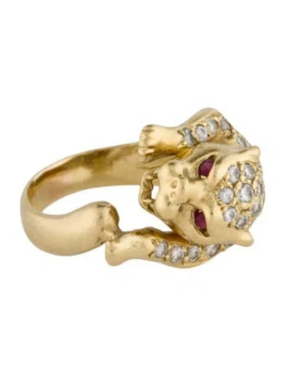 Pre-owned Ring 18k Diamond & Ruby Panther Cocktail  In Multi