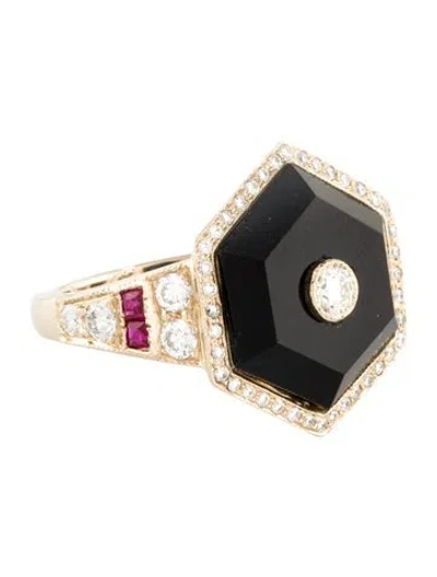 Pre-owned Ring 18k Diamond, Ruby, & Onyx Hexagonal Cocktail  In Multi