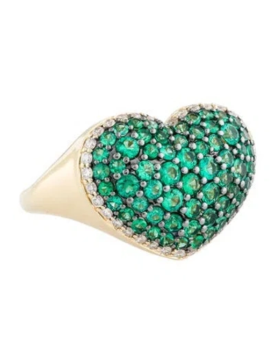 Pre-owned Ring 18k Emerald & Diamond Heart Cocktail  In Multi