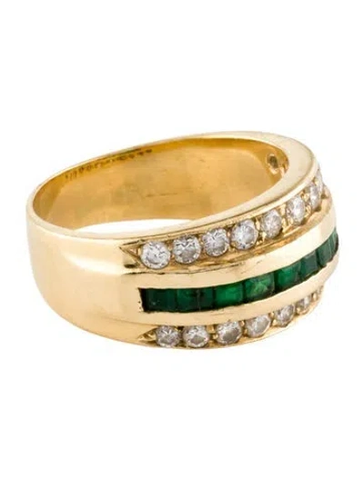 Pre-owned Ring 18k Emerald & Diamond Wide Band In Multi