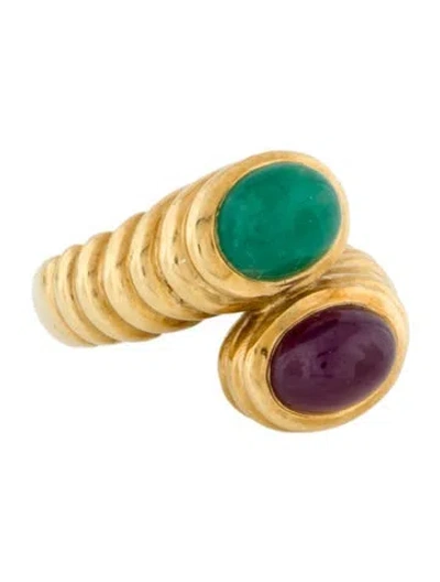 Pre-owned Ring 18k Emerald & Ruby Bypass Cocktail  In Multi