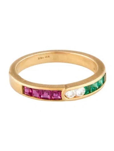Pre-owned Ring 18k Emerald, Ruby & Diamond Band In Multi