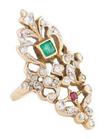 Pre-owned Ring 18k Emerald, Ruby & Diamond Cocktail  In Multi