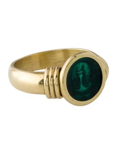Pre-owned Ring 18k Enamel Face Signet  In Green