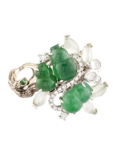 Pre-owned Ring 18k Jadeite, Tsavorite Garnet & Diamond Cocktail  In Multi