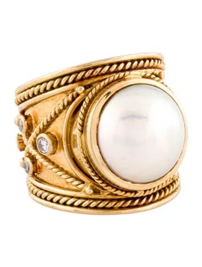 Pre-owned Ring 18k Mabè Pearl & Diamond Cocktail  In Multi