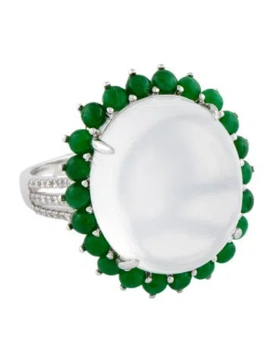 Pre-owned Ring 18k Moonstone, Dyed Jadeite & Diamond Cocktail  In Multi