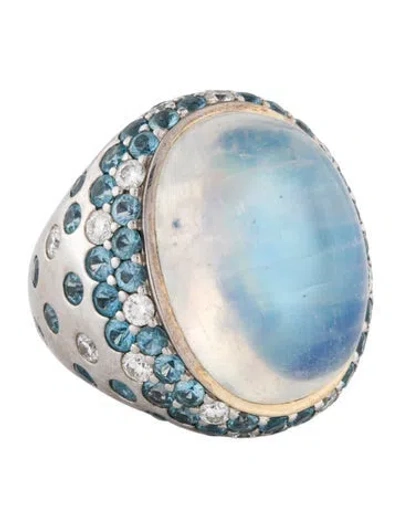 Pre-owned Ring 18k Moonstone, Topaz & Diamond Cocktail  In Multi