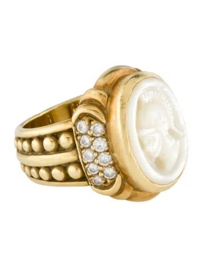 Pre-owned Ring 18k Mother Of Pearl & Diamond Cameo Cocktail  In Multi