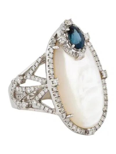 Pre-owned Ring 18k Mother Of Pearl, Sapphire & Diamond Cocktail  In Multi