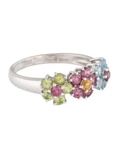 Pre-owned Ring 18k Multistone Flower Cocktail  In Multicolor