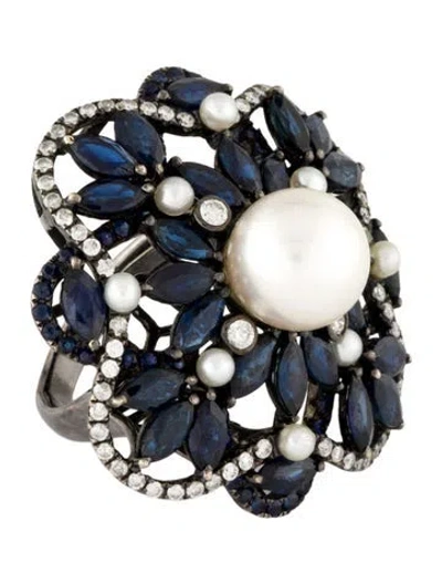 Pre-owned Ring 18k Pearl, 8.40ctw Sapphire & Diamond Cocktail  In Multi