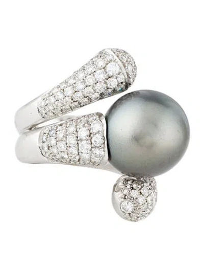 Pre-owned Ring 18k Pearl & 3.06ctw Diamond Cocktail  In Multi