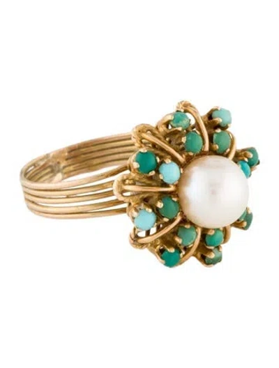Pre-owned Ring 18k Pearl & Turquoise Cocktail  In Multi