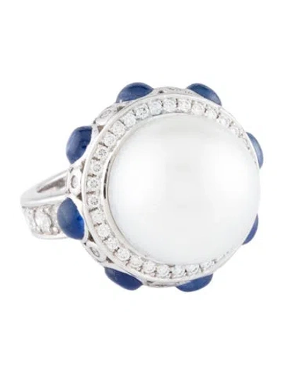 Pre-owned Ring 18k Pearl, Sapphire & Diamond Cocktail  In Multi