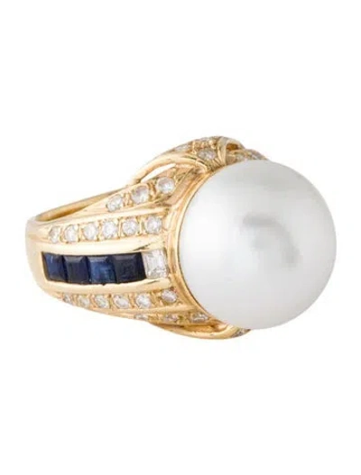 Pre-owned Ring 18k Pearl, Sapphire & Diamond Cocktail  In Multi
