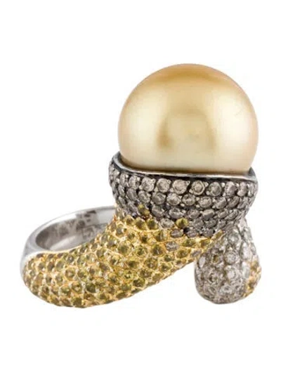 Pre-owned Ring 18k Pearl Sapphire & Diamond Open Cocktail  In Multi