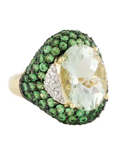 Pre-owned Ring 18k Prasiolite, Tsavorite Garnet & Diamond Cocktail  In Multi