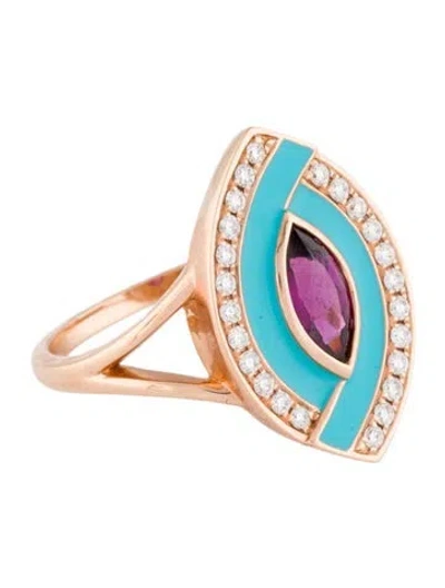 Pre-owned Ring 18k Rhodolite, Diamond & Enamel Cocktail  In Blue