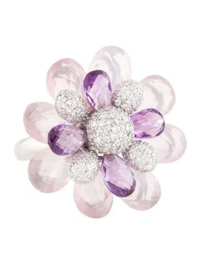 Pre-owned Ring 18k Rose Quartz ,amethyst & Diamond Cocktail  In Multi