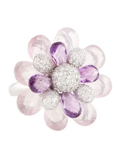 Pre-owned Ring 18k Rose Quartz ,amethyst & Diamond Cocktail  In Multi