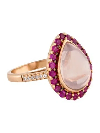 Pre-owned Ring 18k Rose Quartz, Ruby & Diamond Cocktail  In Multi