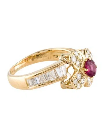 Pre-owned Ring 18k Ruby & Diamond Flower Cocktail  In Multi