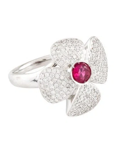 Pre-owned Ring 18k Ruby & Diamond Flower Cocktail  In Multi
