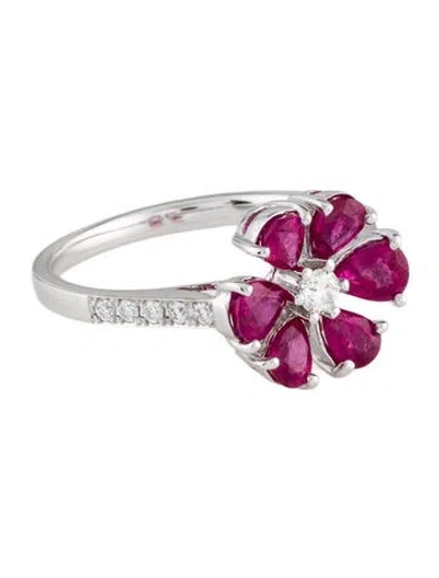 Pre-owned Ring 18k Ruby & Diamond Flower Cocktail  In Multicolor