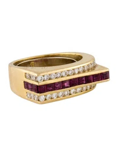 Pre-owned Ring 18k Ruby & Diamond Geometric Band  In Multi