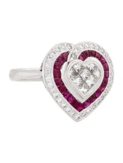 Pre-owned Ring 18k Ruby & Diamond Heart Cocktail  In Multi