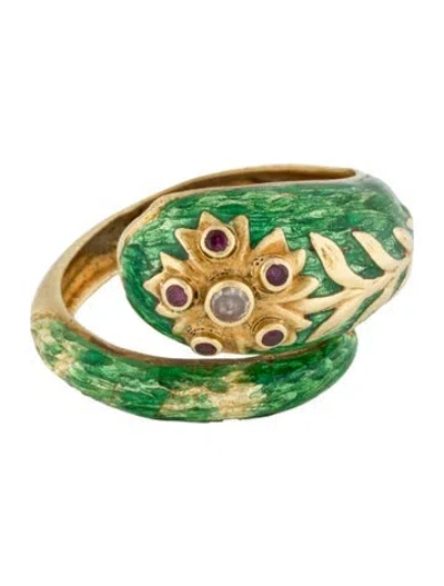 Pre-owned Ring 18k Ruby, Diamond & Enamel Bypass Cocktail  In Green