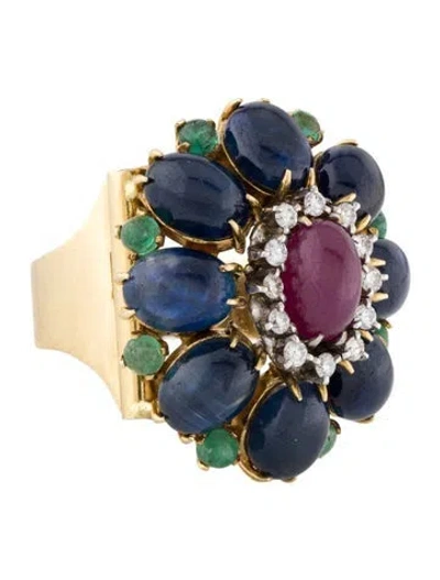 Pre-owned Ring 18k Ruby, Sapphire, Emerald & Diamonds Cocktail  In Multi