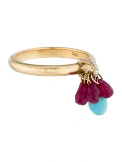 Pre-owned Ring 18k Ruby,turquoise & Diamond Cocktail  In Multi