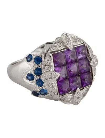 Pre-owned Ring 18k Sapphire, Amethyst & Diamond Cocktail  In Multi