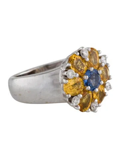 Pre-owned Ring 18k Sapphire & Diamond Flower Cocktail  In Multi