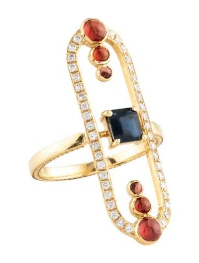 Pre-owned Ring 18k Sapphire, Garnet & Diamond Elongated  In Multicolor