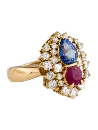 Pre-owned Ring 18k Sapphire, Ruby & Diamond Cocktail  In Multi