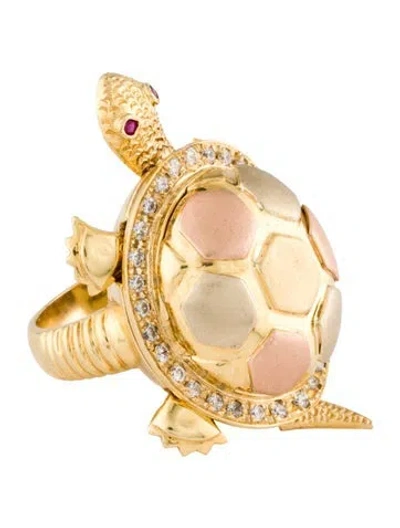 Pre-owned Ring 18k Synthetic Ruby & Cubic Zirconia Articulating Turtle Cocktail  In Multi